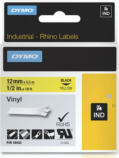 Dymo 18432 Tainie Etichetare 5m x 12mm în Culoare Galbenă Serie Compatibilă cu Dymo D1, Dymo Rhino/IND