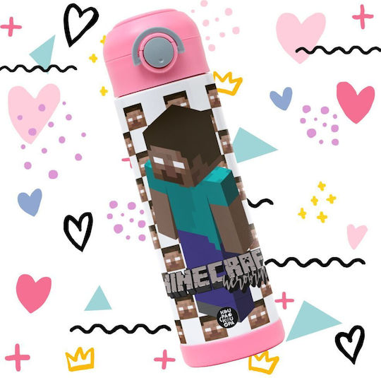 Koupakoupa Minecraft Herobrine Kids Water Bottle Minecraft Stainless Steel with Straw Pink 500ml