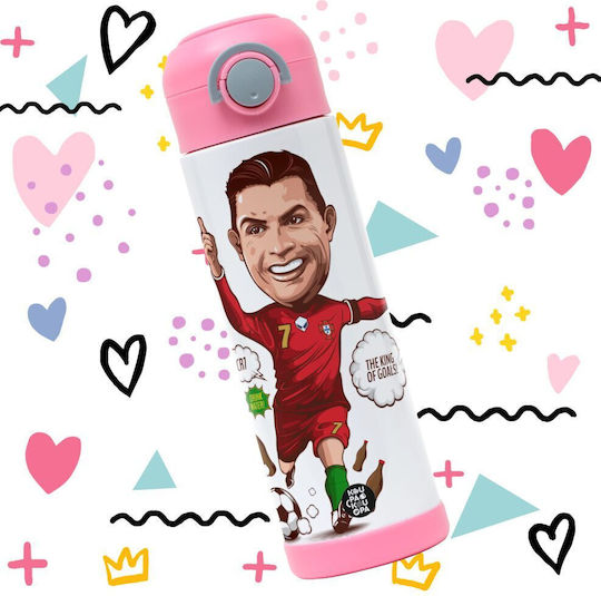 Koupakoupa Sticlă Pentru Copii Cristiano Ronaldo Din Oțel Inoxidabil Cu Pai Roz 500ml