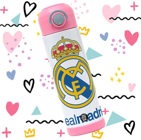 Koupakoupa Real Madrid Cf Kinderflasche Fußball Rostfreier Stahl mit Strohhalm Rosa 500ml