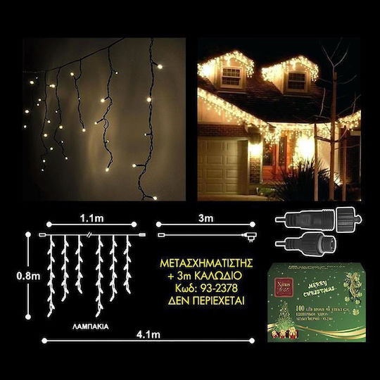 100 Λαμπάκια LED 3μ. Θερμό Λευκό τύπου Βροχή (χωρίς Μετασχηματιστή)