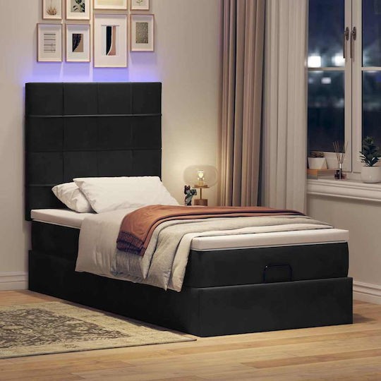 Pat King Size Tapitat cu Material Negru cu Plăci și Saltea 190x190cm