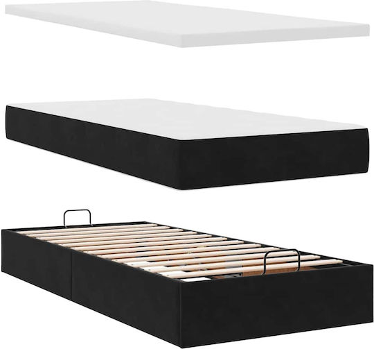 Pat King Size Tapitat cu Material Negru cu Plăci și Saltea 190x190cm