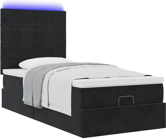 Pat King Size Tapitat cu Material Negru cu Plăci și Saltea 190x190cm