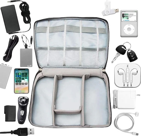 Geantă textilă pentru depozitarea cablurilor căști accesorii electronice Tecos închidere cu fermoar curele elastice pereți interiori velcro impermeabil 24.5x18x10cm gri gri