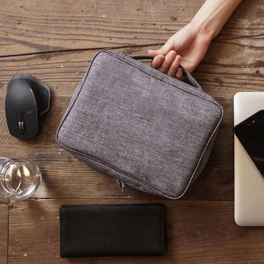 Geantă textilă pentru depozitarea cablurilor căști accesorii electronice Tecos închidere cu fermoar curele elastice pereți interiori velcro impermeabil 24.5x18x10cm gri gri