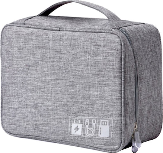 Geantă textilă pentru depozitarea cablurilor căști accesorii electronice Tecos închidere cu fermoar curele elastice pereți interiori velcro impermeabil 24.5x18x10cm gri gri