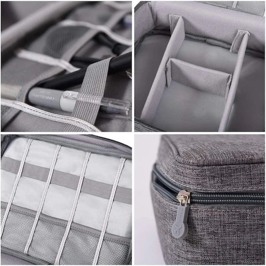 Geantă textilă pentru depozitarea cablurilor căști accesorii electronice Tecos închidere cu fermoar curele elastice pereți interiori velcro impermeabil 24.5x18x10cm gri gri