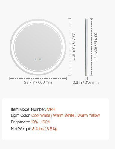 Vevor Кръгло Банско Огледало LED 60x60см Бял