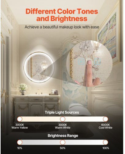 Vevor Кръгло Банско Огледало LED 60x60см Бял