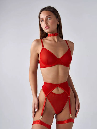 La Lolita Amsterdam Sexy Σετ Εσωρούχων με Διαφάνεια & Ζαρτιέρες Κόκκινο 6τμχ