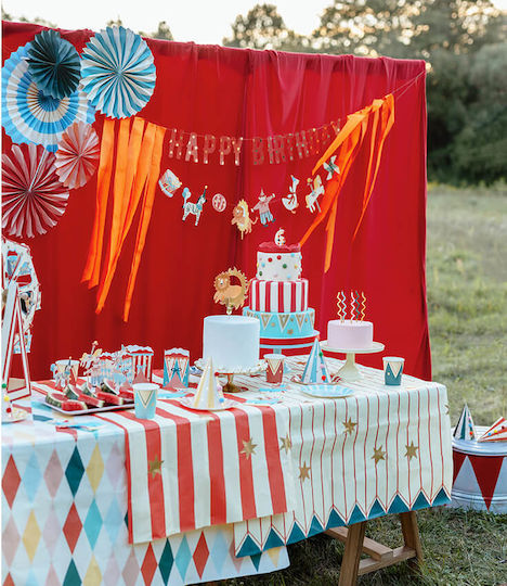 Paper Tablecloth Striped Red Beige Gold Stars