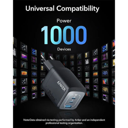 Anker Φορτιστής Χωρίς Καλώδιο GaN με Θύρα USB-A και 2 Θύρες USB-C 67W Μαύρος (Prime)