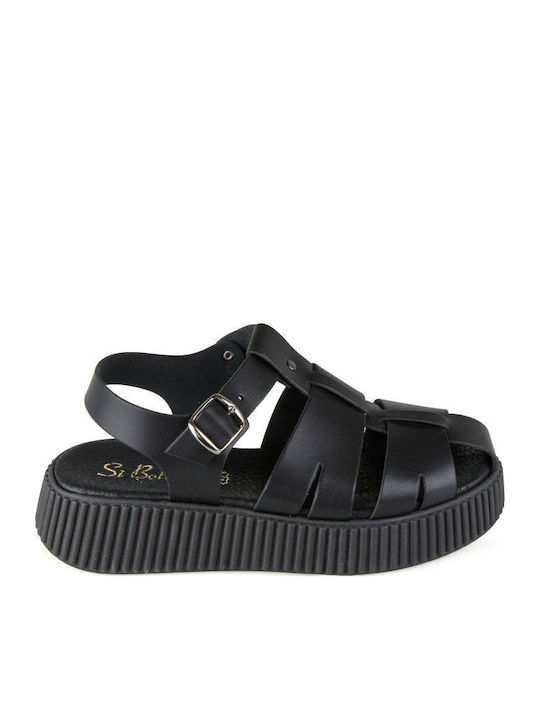 Δερμάτινα Γυναικεία Σανδάλια Flatforms Μαύρα