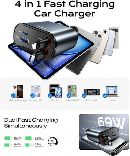 Lisen Încărcător Auto 69W cu Porturi: 1xUSB 1xType-C împreună cu Cablu Integrat / Lightning Gri Culoare