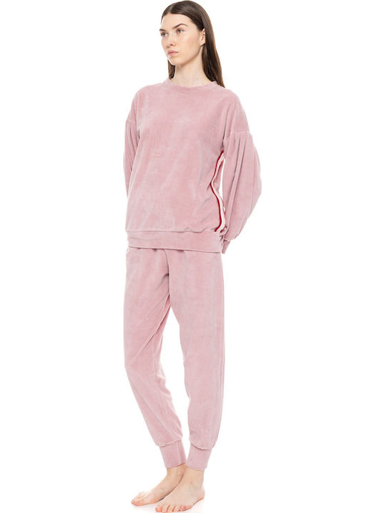 Pink Label Χειμερινό Γυναικείο Σετ Πιτζάμας Βαμβακερό Baby Pink