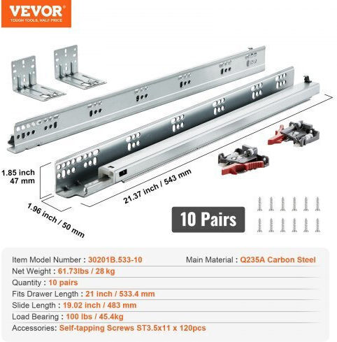 Vevor 10 Pairs of Drawer Slides 533.4mm Heavy Duty Soft Close 100 Lbs Dzyzscthg1001jzm6v0