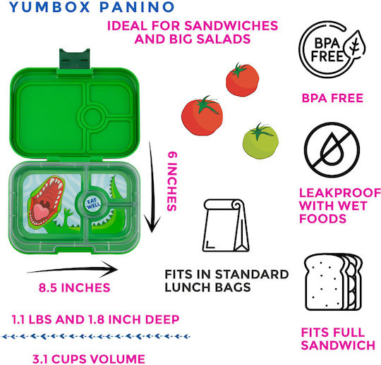 Кутия за обяд Yumbox Panino с 4 отделения - Червен динозавър