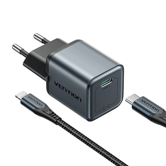 Vention Φορτιστής Χωρίς Καλώδιο GaN με Θύρα USB-C 20W Power Delivery / Quick Charge 2.0 / Quick Charge 3.0 Γκρι (TZ-FEVH0-EU)