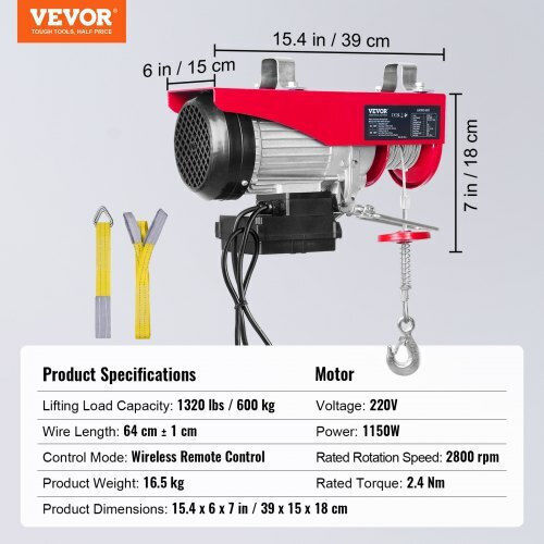 Vevor Elektrische Hebevorrichtung 1150 W WLAN-Fernbedienung Maximale Hubhöhe 6/12 m Geschwindigkeit 10 m/min Kapazität 300 600 kg