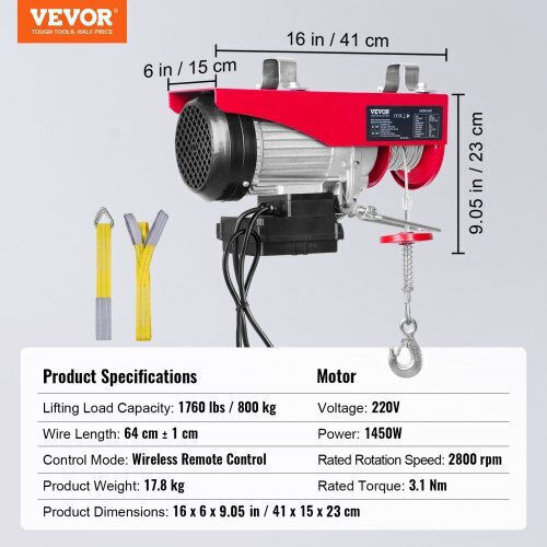 Vevor Electric Hoist 1450 W Wifi Remote Control Max Lifting Height 6/12 M Speed 10 M Min Capacity 400 800 Kg