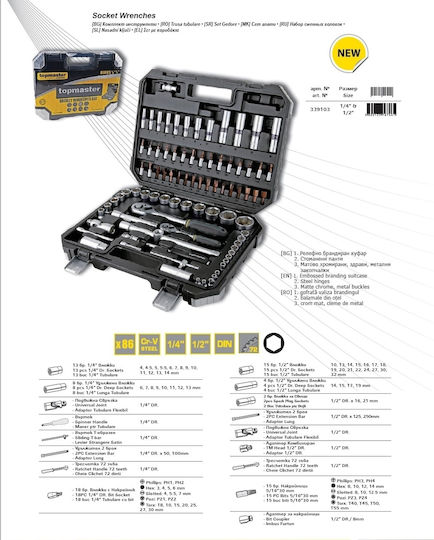 Topmaster Ratschen- & Steckschlüssel-Sets 1\2" & 1\4" 86Stück