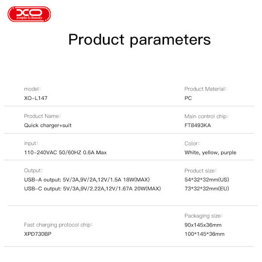 XO Charger Without Cable with USB-A Port and USB-C Port 20W Power Delivery Purple (L147)