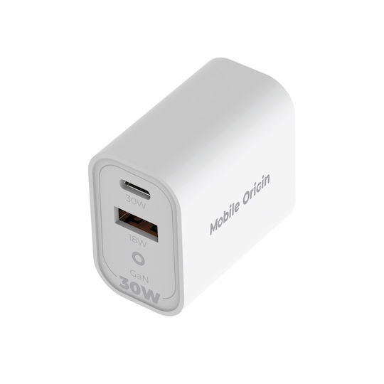 Mobile Origin Φορτιστής Χωρίς Καλώδιο GaN με Θύρα USB-A και Θύρα USB-C 30W Power Delivery Λευκός (MO14 EU,USA,UK,AUS)