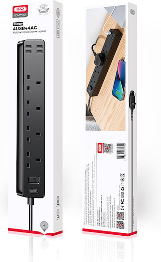 XO Πολύπριζο με USB-A και Καλώδιο 1.8m Αγγλίας (Type G)