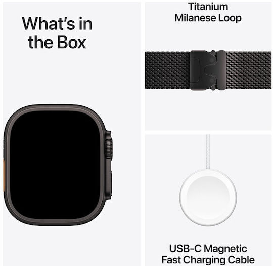 Apple Watch Ultra 2 Titanium 49mm Waterproof with eSIM and Heart Rate Monitor (Black with Black Titanium Milanese Loop - Large)