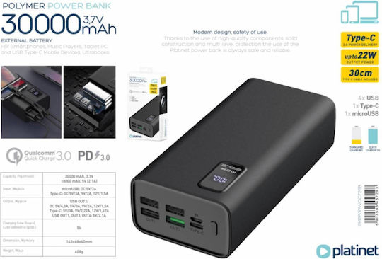 Platinet PL0415 Power Bank 30000mAh 22.5W с 4 USB-A порта и USB-C порт Power Delivery / Бързо зареждане 3.0 Черен