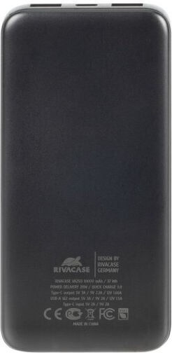 Rivacase Baterie Externă 10000mAh 20W Cu 2 Porturi De Ieșire USB-A Și Port USB-C Power Delivery Încărcare Rapidă Neagră