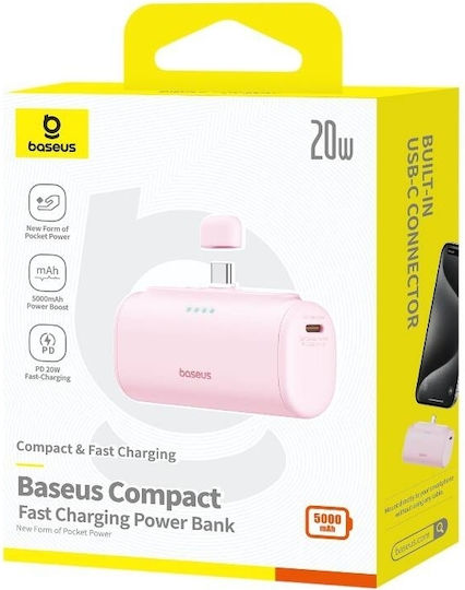 Baseus Compact Series Built-in Type-C Power Bank 5000mAh 20W με Θύρα USB-C Power Delivery / Quick Charge 3.0 Ροζ