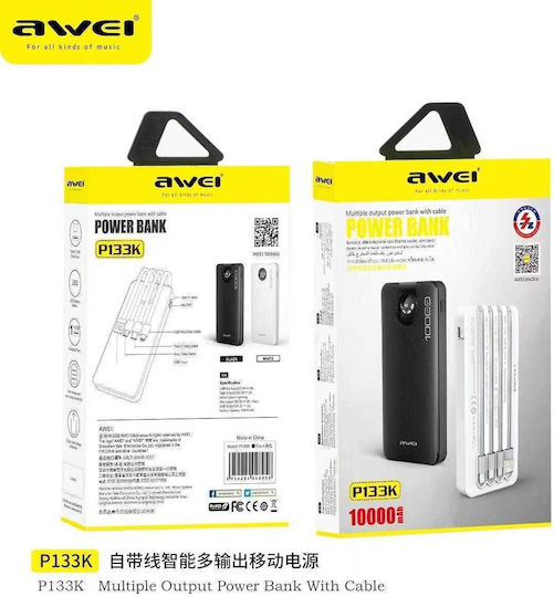 Awei P133K Power Bank 10000mAh με Θύρα USB-A και Θύρα USB-C Μαύρο