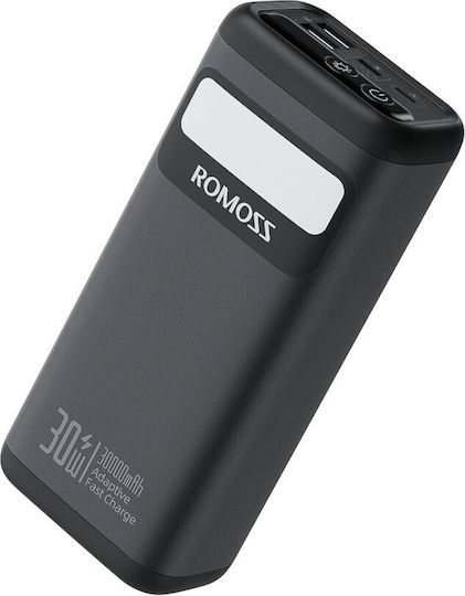 Romoss PMT30 Power Bank 30000mAh 30W με 2 Θύρες USB-A και Θύρα USB-C Power Delivery / Quick Charge 3.0 Μαύρο