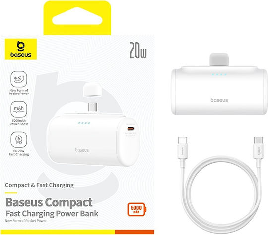 Baseus Compact Series Built-in Type-C Power Bank 5000mAh 20W с USB-C порт Power Delivery / Бързо зареждане 3.0 Бял
