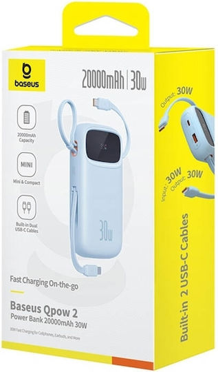Baseus QPow2 Power Bank 20000mAh 30W με Θύρα USB-A και 2 Θύρες USB-C Μπλε