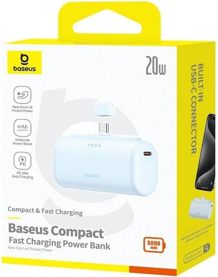 Baseus Compact Series Built-in Type-C Power Bank 5000mAh 20W с USB-C порт Power Delivery / Бързо зареждане 3.0 Син