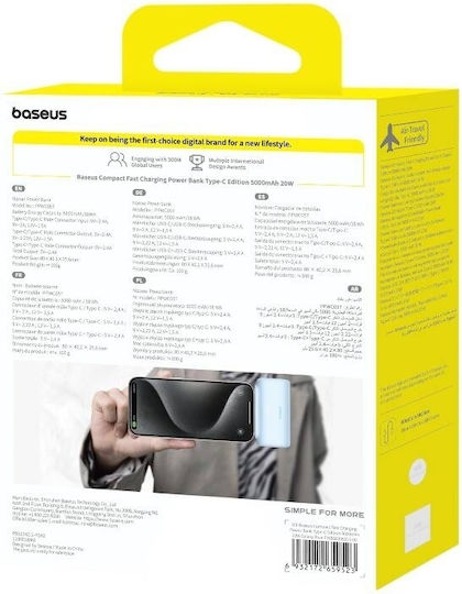 Baseus Compact Series Built-in Type-C Power Bank 5000mAh 20W с USB-C порт Power Delivery / Бързо зареждане 3.0 Син