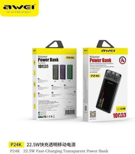 Awei P24K Power Bank 10000mAh with 2 USB-A Output Ports and USB-C Output Port Black