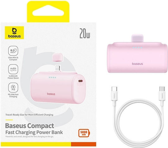 Baseus Compact Lightning Edition Power Bank 5000mAh 20W με Θύρα USB-C Ροζ