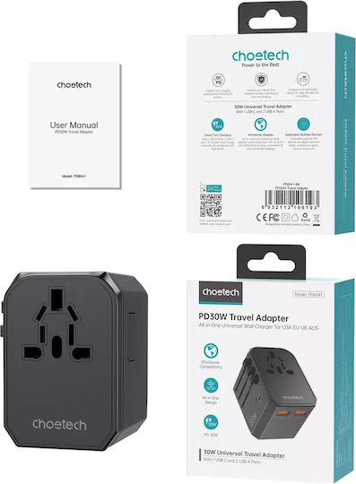 Choetech Universal Socket Adapter from Universal to Universal with 2 USB Outlets
