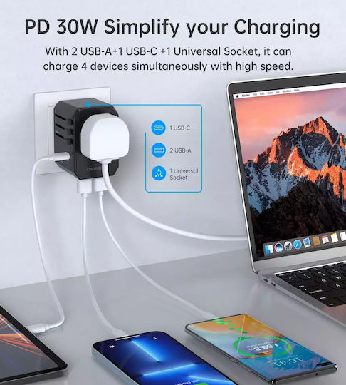 Choetech Universal Socket Adapter from Universal to Universal with 2 USB Outlets