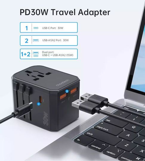 Choetech Universal Socket Adapter from Universal to Universal with 2 USB Outlets