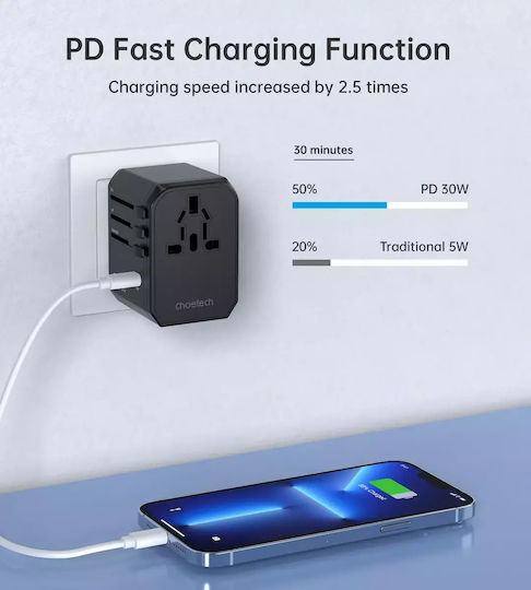 Choetech Universal Socket Adapter from Universal to Universal with 2 USB Outlets