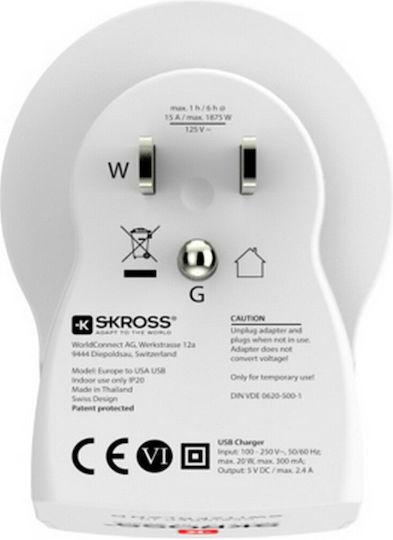 Skross Αντάπτορας Πρίζας σε Αμερικής με 2 Θύρες USB