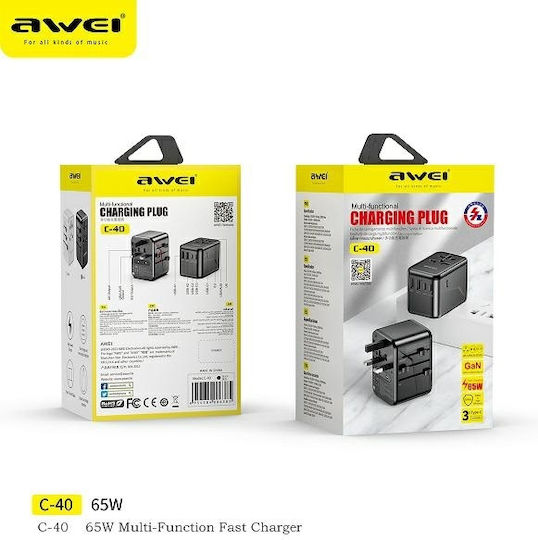 Awei C-40 Αντάπτορας Πρίζας από Universal σε Universal με 3 Θύρες USB