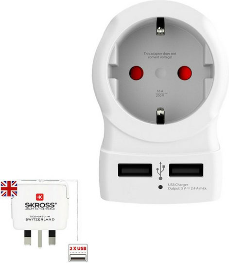 Skross Αντάπτορας Πρίζας σε Αγγλίας με 2 Θύρες USB