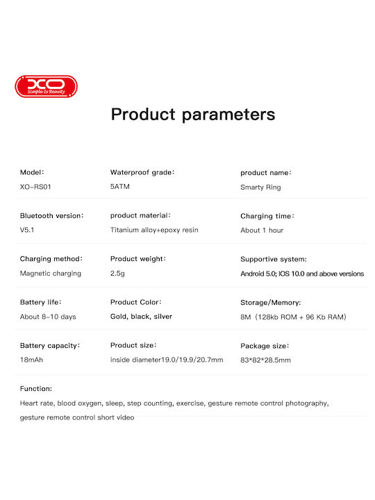 XO RS01 Smart Ring 16.1mm με Παλμογράφο Ασημί