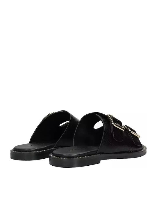 Leather Women's Flat Sandals in Black Color